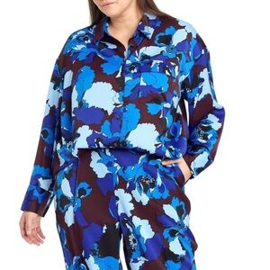 Who What Wear 2 Piece Set Button up & Joggers Blue multi Floral Size L NWT